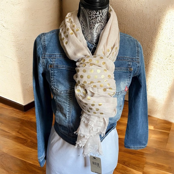 Pure DKNY Gold Polka Dot Scarf Wrap Sheer Lightweight‎ Fringe Tan NEW - Picture 3 of 11